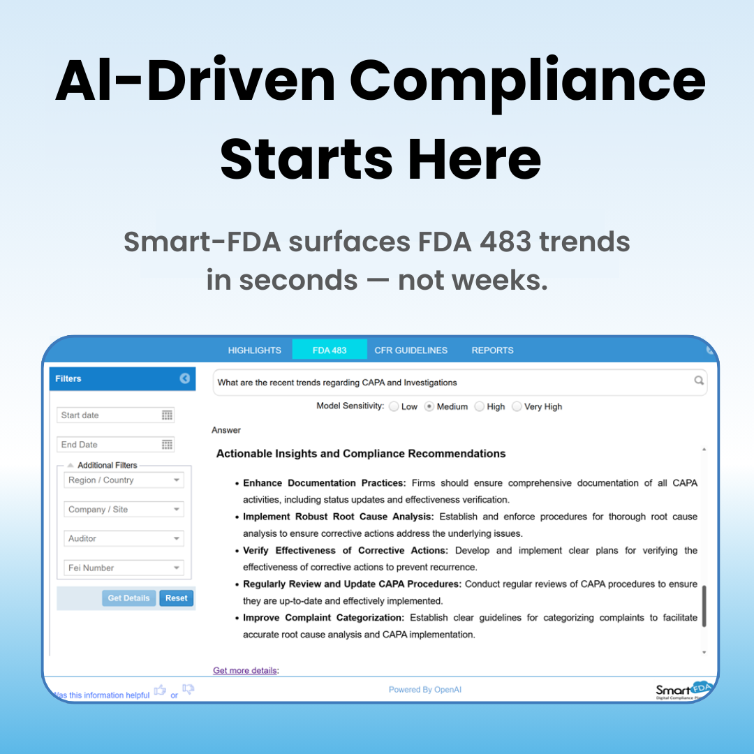 Smart-FDA AI analyzing CAPA FDA 483 trends across thousands of observations